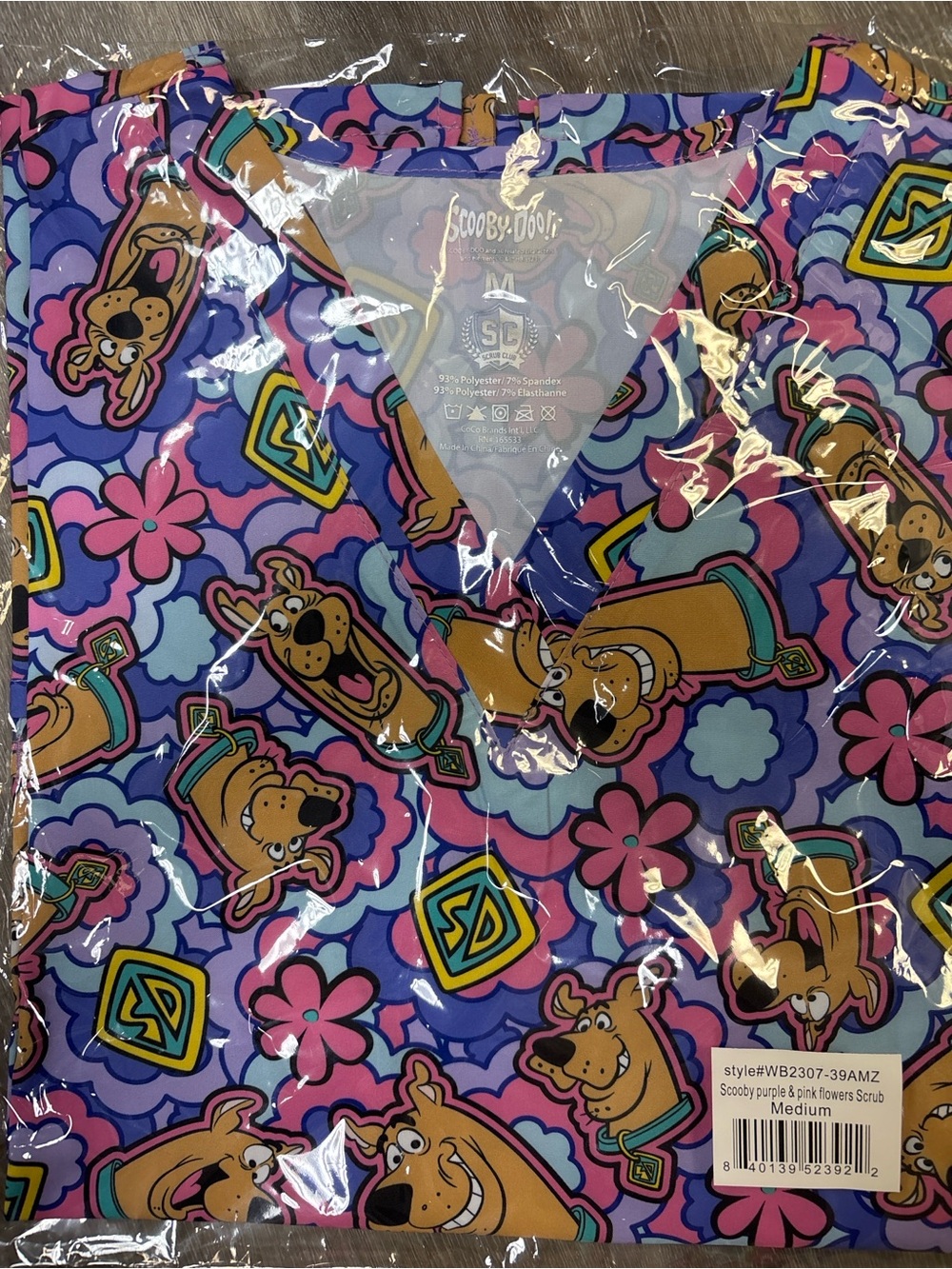 Women's Floral Scooby-Doo Print Scrub Top - Black/Pink - Picture 3 of 3